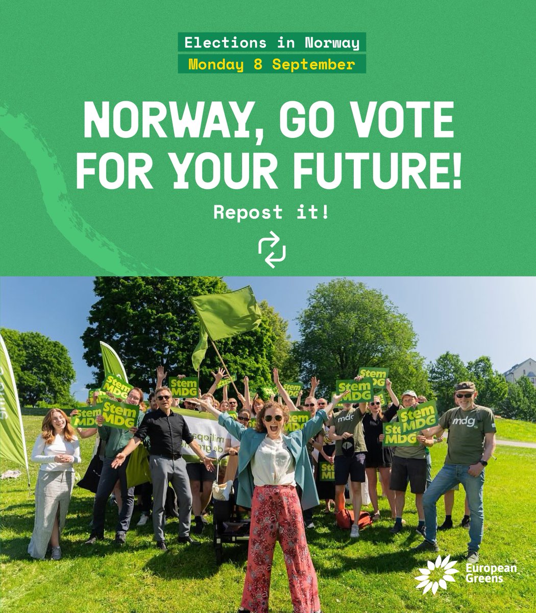 The Green Party in Norway is offering a progressive future, with a strong Green voice that will:
❌ Phase out fossil fuels
🌳 Protect nature
🏠 Fight poverty

💚 Good luck to <a href="/Partiet/">Miljøpartiet De Grønne (MDG)</a>!
🗳️And to our friends in Norway: go and vote on 8 September.
