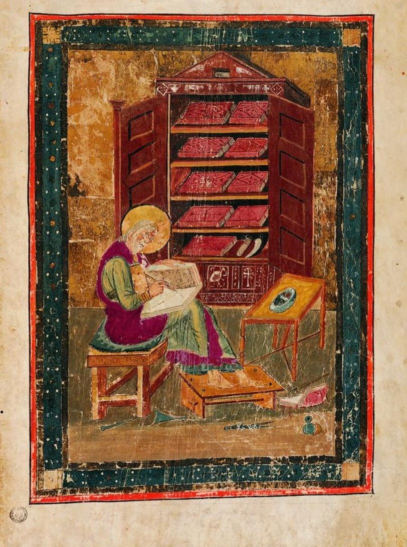 CMedievales's tweet image. El &apos;#Codex Amiatinus&apos; de origen británico pertenece a la Biblioteca Medicea Laurentiana (Florencia). En 2018 se llevó a Londres para una exposición. 
Contiene la miniatura del #escriba Ezra y los libros de la #Biblia en un #Armarium propio o #Biblioteca.

#Evangeliario