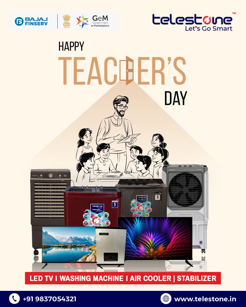 Telestoneindia's tweet photo. 📚 Happy Teacher’s Day! 🎉
Let’s celebrate the mentors who inspire us every day.
Smart choices, smart living with Telestone – bringing you the best in LED TV, Washing Machines, Air Coolers &amp; Stabilizers. 💡✨

#TeachersDay #HappyTeachersDay #Telestone #LetsGoSmart #SmartLiving https://t.co/AVZy1X7ix7