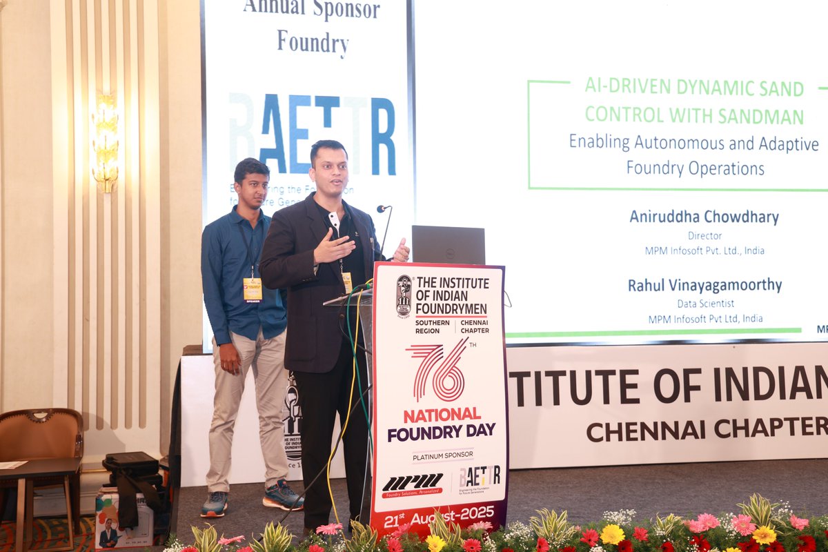 The Sandman Team presented at IIF Southern Region, Chennai.
Speakers Aniruddha Chowdhary &amp; Rahul Vinayagamoorthy showcased how Sandman tackles blind spots, controls rejections &amp; drives savings.
Free Demo: info@sandman.co.in
#Sandman #FoundryInnovation  #SmartManufacturing  #IIF