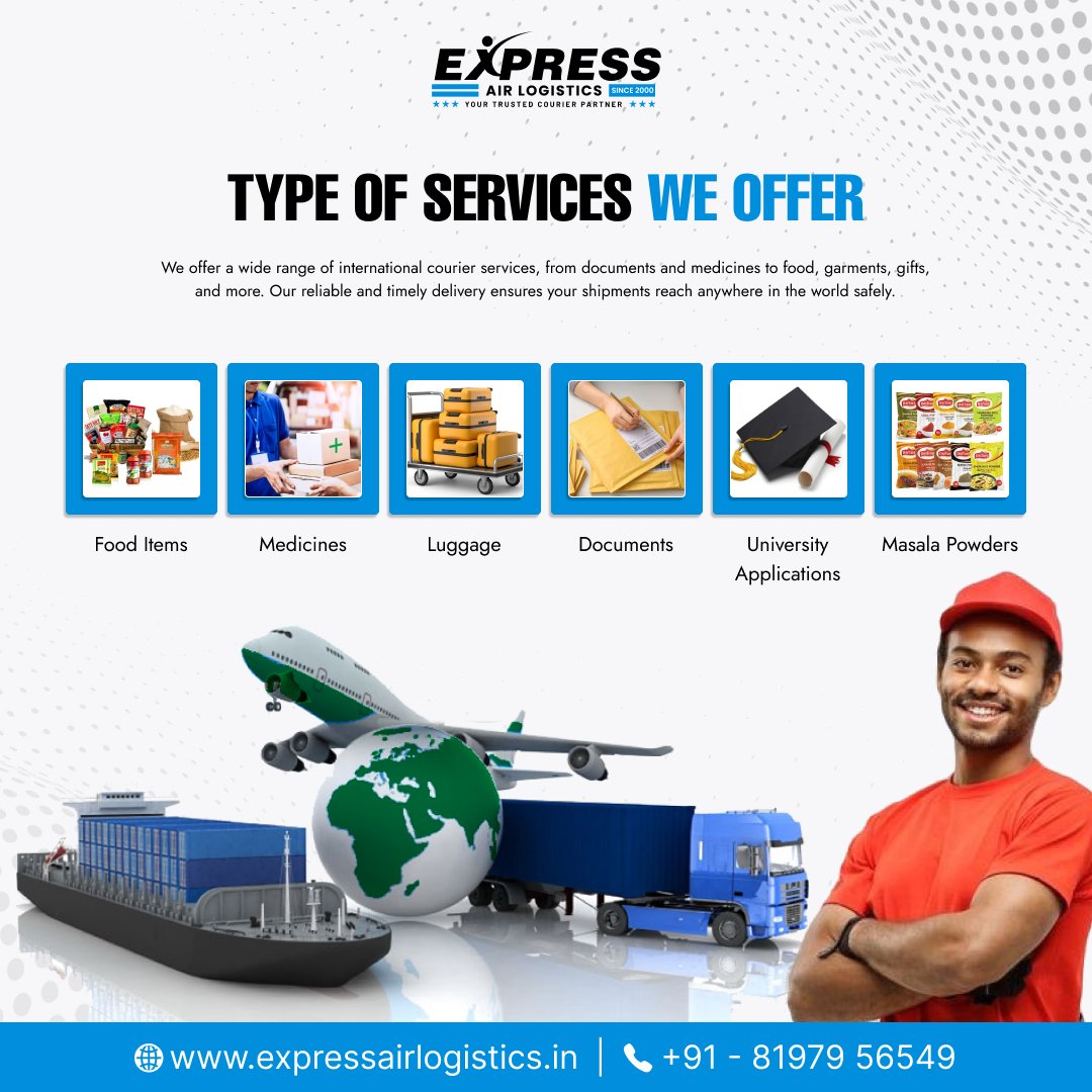 expressairlogis's tweet image. Multiple courier services under one roof!
📦 Food | 💊 Medicines | 🎓 University Docs | 🧳 Luggage | 🧾 Documents | 🌶️ Masala Powders
✅ Safe
✅ Fast
✅ Worldwide
👉 expressairlogistics.in | 📲 +91 81979 56549
#CourierServices #WorldwideDelivery #ExpressAirLogistics