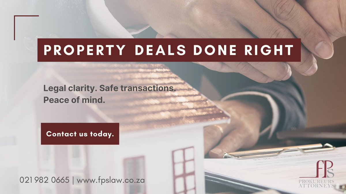 Buying, Selling, or Leasing Property? Let's Keep It Legal.

Whether it's your dream home or a smart investment, property transactions in SA need careful legal attention. 

Secure your deal with expert legal support. Contact us today.

🔗 fpslaw.co.za

#FPSAttorneys