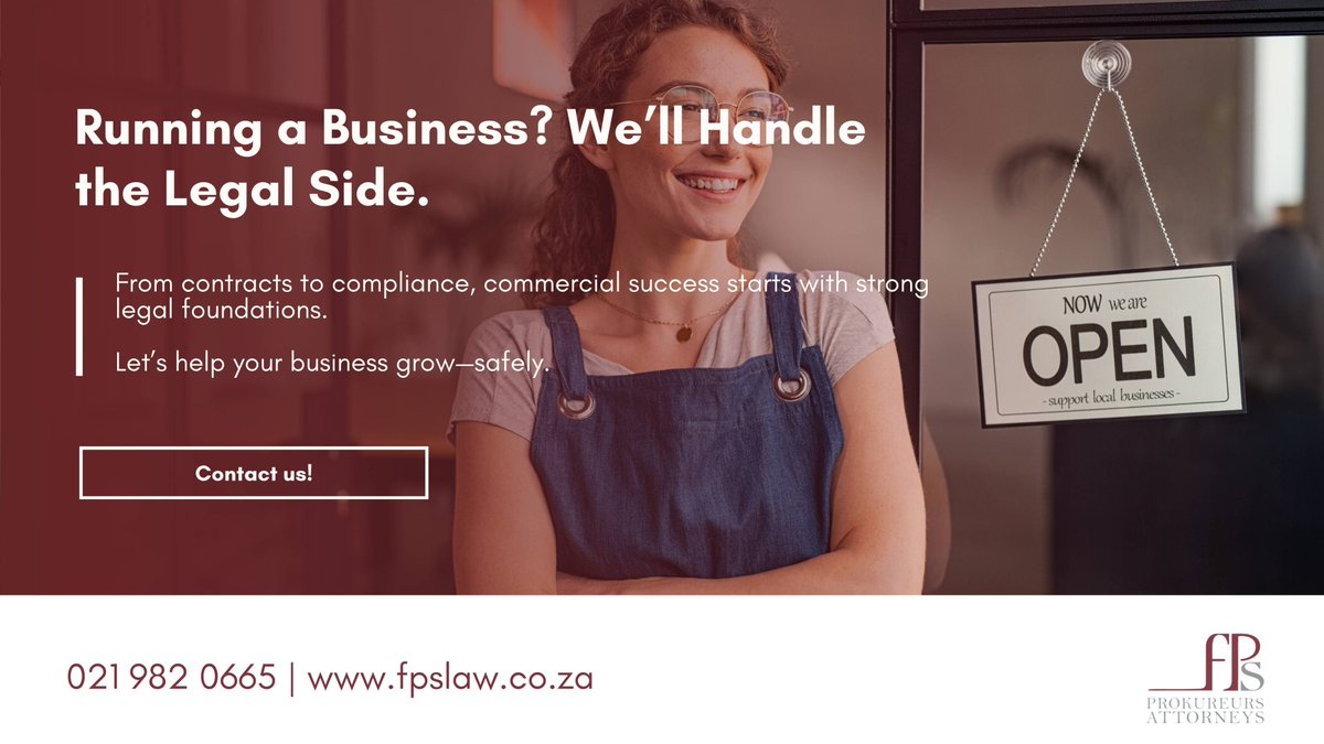 Running a Business? We’ll Handle the Legal Side.

From contracts to compliance, commercial success starts with strong legal foundations. 

Let’s help your business grow—safely.

🔗 fpslaw.co.za

#FPSAttorneys #CommercialLaw #ContractExperts #BusinessSupport