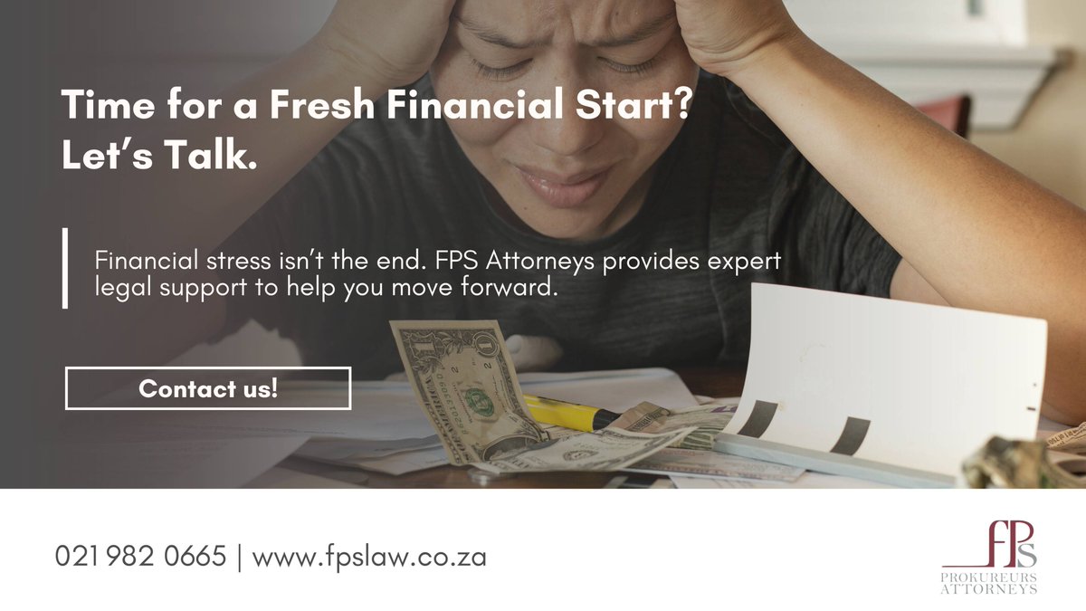 Financial stress doesn’t have to be the end. Whether it’s personal sequestration or business liquidation, FPS Attorneys guides you with expert support and legal clarity.

Let’s take the next step toward financial recovery.

📢 Contact us today.

#DebtRelief #FPSAttorneys