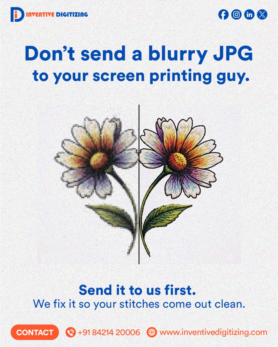 Your screen printing team don’t need blurry files. Send them to us first, we fix them for perfect, clean stitches!