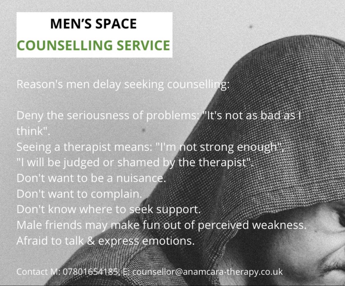 Some reasons men, across the lifespan, delay seeking counselling for private &amp; personal; relationship, family &amp; friends; or work place problems, conflicts &amp; stress. 

Don’t wait for a crisis to develop reach out for support. 

anamcara-therapy.co.uk/contact

#Warrenpoint