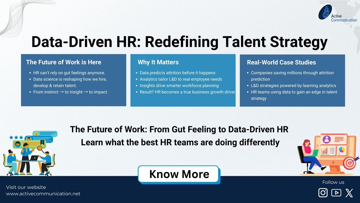ActiveCommLtd's tweet image. Gut feelings don’t cut it anymore. 
The future of HR is data-driven.

✅ Predict attrition
✅ Smarter workforce planning
✅ Tailored employee learning
✅ HR as a growth driver

See how top HR teams are redefining talent strategy: activecommunication.net

#DataDrivenHR