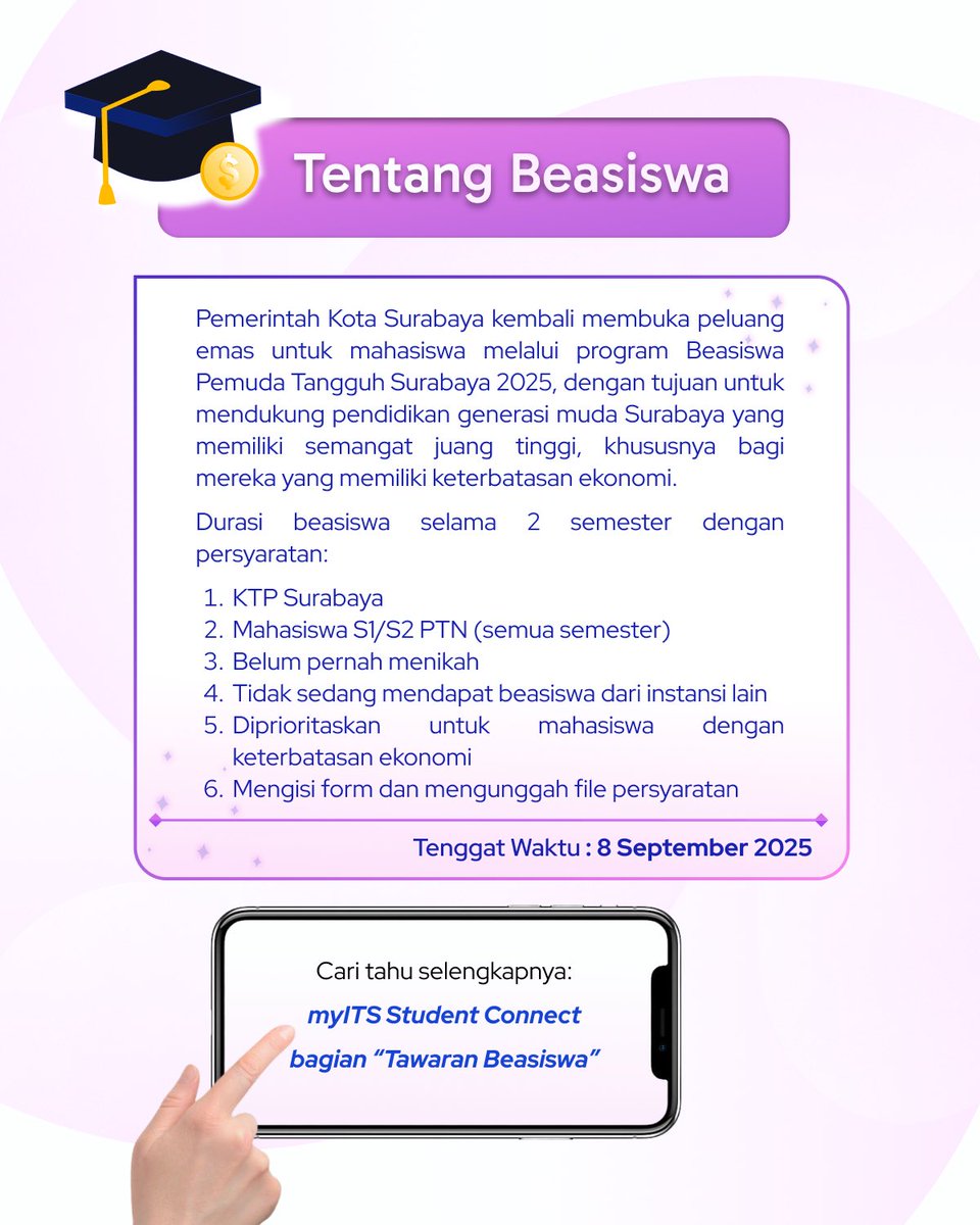 [SCHOLARSHIP OPPORTUNITIES]

Halo, Arek Niskalarasi! 🌟
Ada beasiswa dari Pemerintah Kota Surabaya khusus buat mahasiswa Surabaya nih. Jangan lewatkan kesempatan kalian, Rek!

CP : 👤 Diffa - gladiffamour (ID LINE)

#SWFyi!
#HMSIInfinity
#KabinetNiskalarasi