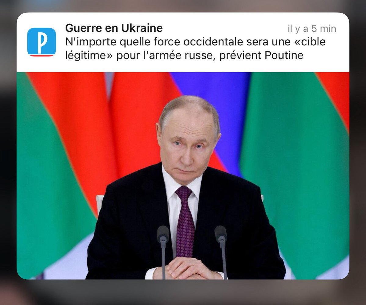 😡🇷🇺 Poutine menace les efforts de paix de la France

J’aimerais rappeler qu’il dit ça au sujet de troupes de maintien de la PAIX, dans le cadre de garanties de sécurité à l’Ukraine.

Trump avait pourtant dit que Poutine n’y était pas opposé.

On arrête de se faire des illusions?