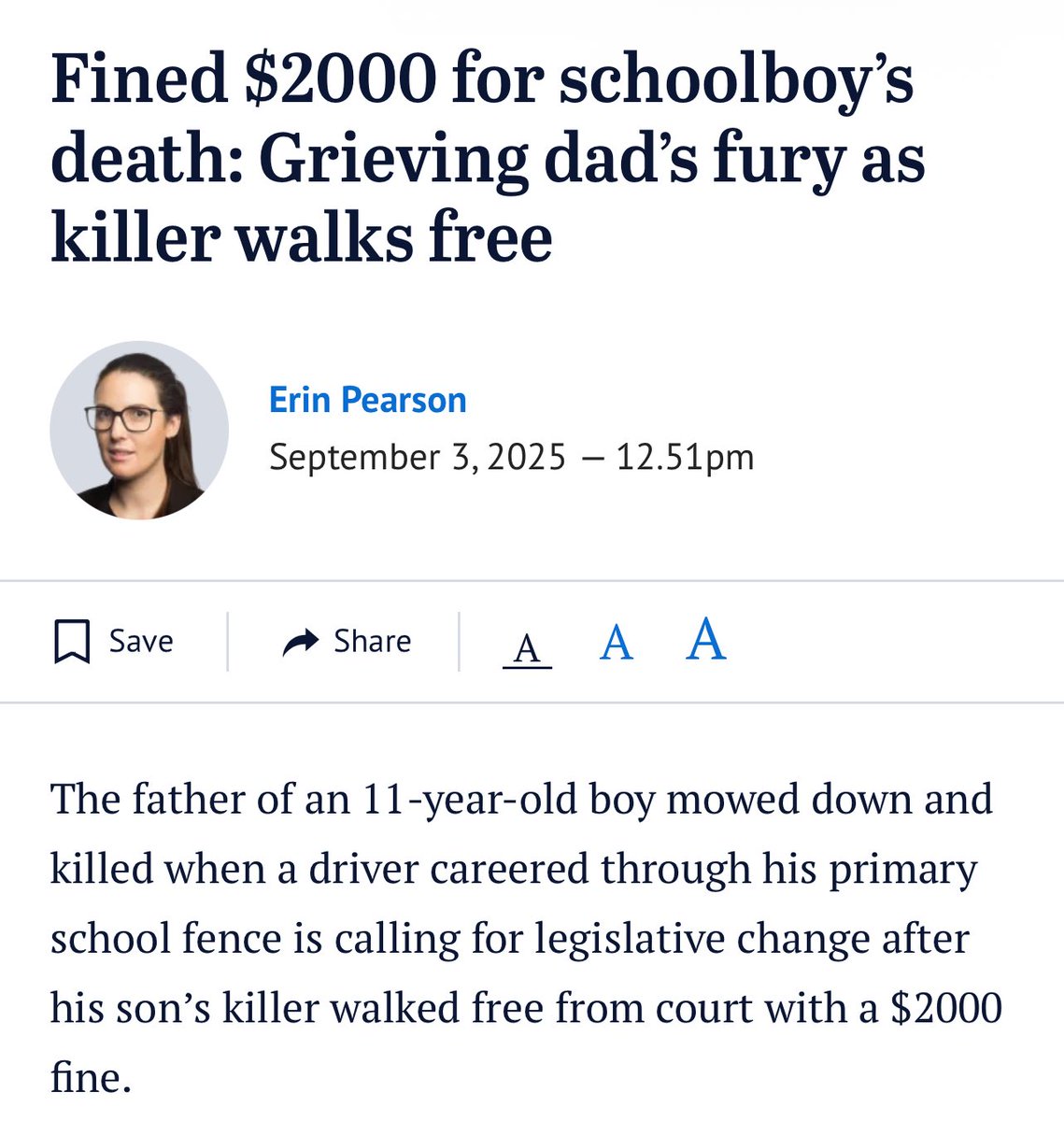 An Iraqi refugee runs over and kills an 11-year-old boy, yet she walks away with only a $2000 fine and a 24-month license suspension. 

The justice system has prioritised her refugee status over the life of a child. 

Disgraceful.