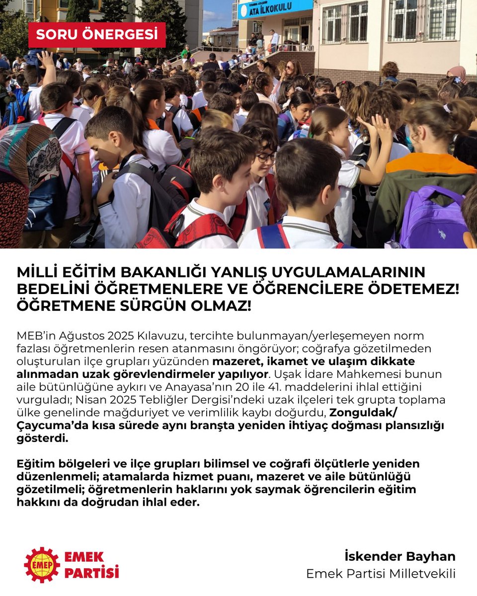iskenderbayhn's tweet image. Milli Eğitim Bakanlığı, yanlış uygulamalarının bedelini öğretmenlere ve öğrencilere ödetemez!

Öğretmene sürgün olmaz!

❗️Norm kadro fazlası öğretmenler resen atamalarla mağdur ediliyor.
❗️Aile bütünlüğü ve eğitim hakkı hiçe sayılıyor.
❗️Mahkeme kararlarına rağmen hukuksuzluk