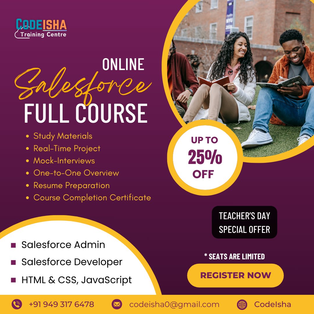 shivayadav2322's tweet image. ✨ Teacher’s Day Special! ✨

Enroll in our Salesforce Full Course (Online) and get up to 25% OFF today! 🚀

📞 Call us now or message us on social media to grab your spot.

🎓 New batch starting soon—don’t miss out!

#salesforce #codeisha #CodeIshaTrainingCentre…