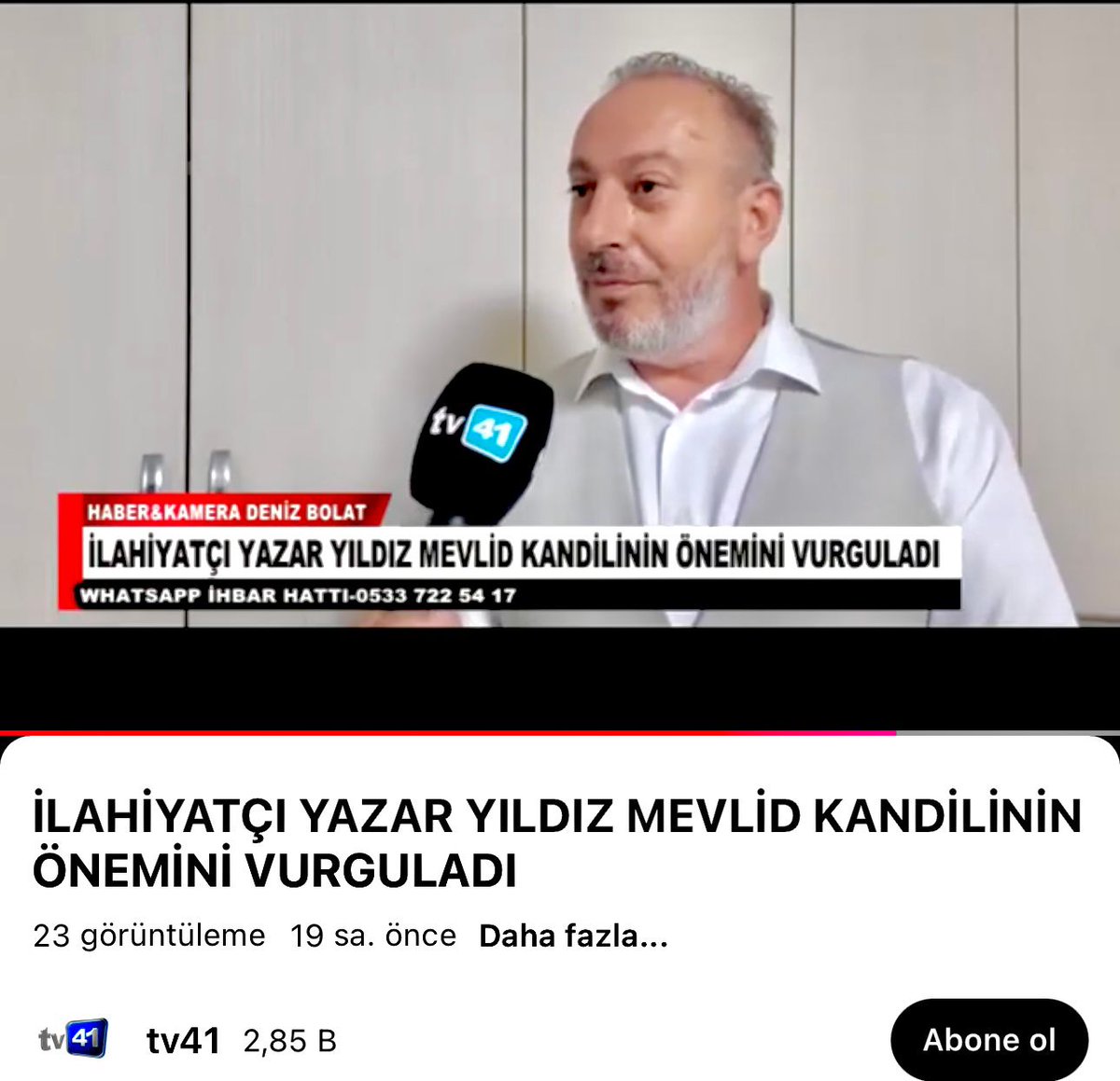 yz_yusufyildiz's tweet photo. Tv41’den emektar gazeteci Ahmet Sezgin’e, Mevlid Kandili ve Fatiha Suresi’nin önemi üzerine kısa bir değerlendirmede bulundum. 

Haber linki: 👇🏻
https://t.co/bJc1XrSJz3

#tv41 #mevlidkandili #yusufyıldız #yazaryusufyıldız #aşkınanahtarıfatihasuresi #fatihasuresi #fatiha #kuran https://t.co/noN46HUd8w
