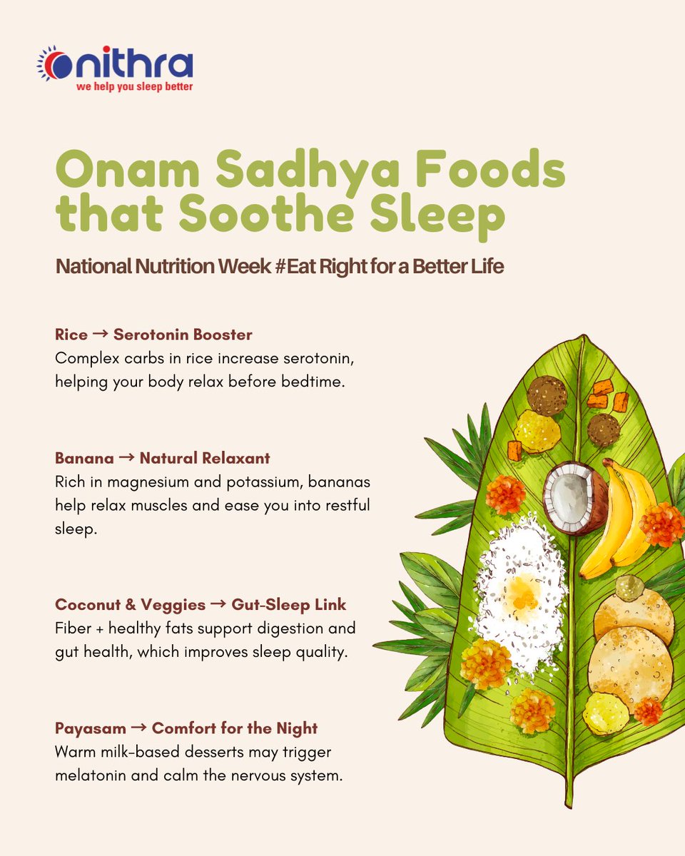 Your Onam Sadhya doesn’t just fill the heart-it can help your sleep too! Rice, banana, coconut, and payasam all carry nutrients that calm the body and prepare it for rest. Enjoy it in moderation for the best benefits. ✨🥥 🌼 🍛 🍌 #nationalnutritionweek #onamspecial #onamsadhya