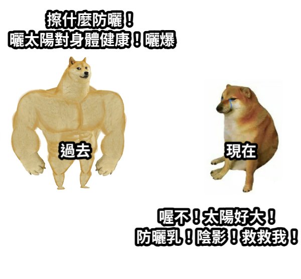 今天中午用了加班補假提早回家
回程時間下午1點整
我看著路上那刺眼的太陽
第一個動作是拿出包裡防曬出來塗…
我怎麼了！？
我過去會不爽那些在陰影裡躲太陽的人誒？
價值觀轉變好可怕…