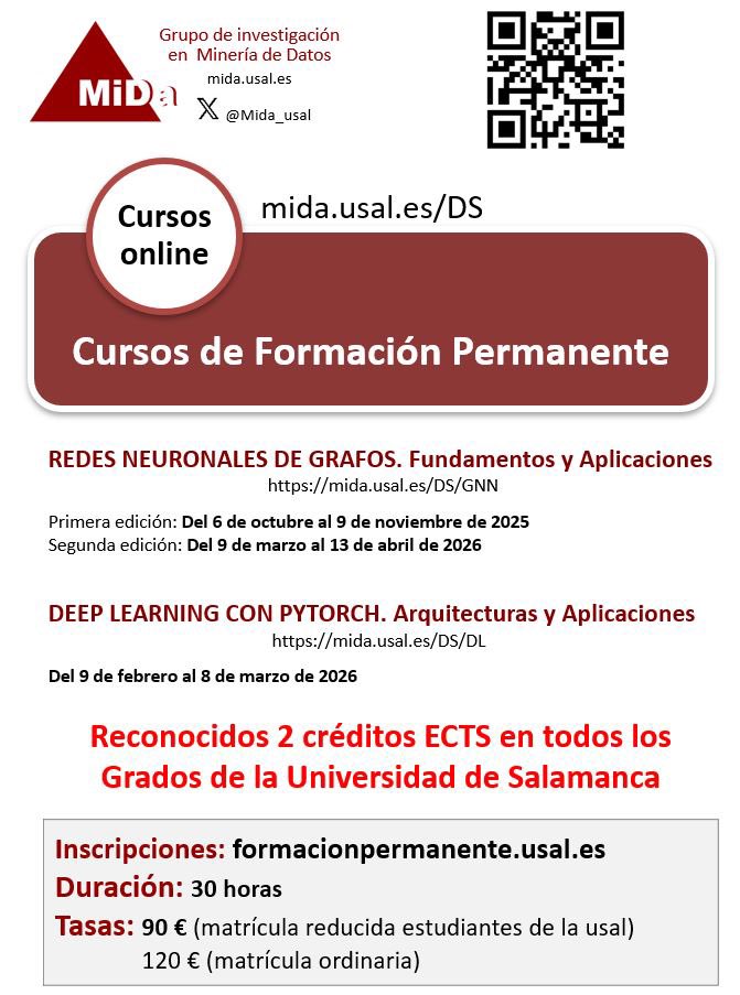 Cursos de formación permanente <a href="/usal/">Universidad de Salamanca</a> organizados por el grupo de investigación <a href="/Mida_usal/">Grupo MIDA usal</a> <a href="/fcienciasusal/">Facultad de Ciencias USAL</a> con 2 ECTS reconocidos en todos los grados de la Universidad de Salamanca #DeepLearning #GNN #usal