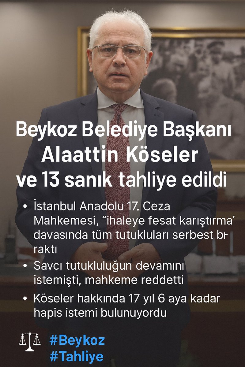 “Beykoz Belediye Başkanı Alaattin Köseler ve 13 sanık tahliye edildi.
İhaleye fesat iddiasıyla başlayan davada savcının tutukluluk talebine rağmen mahkeme tüm tutukluları serbest bıraktı.”
⚖️ #Beykoz #Tahliye #alaattinköseler
