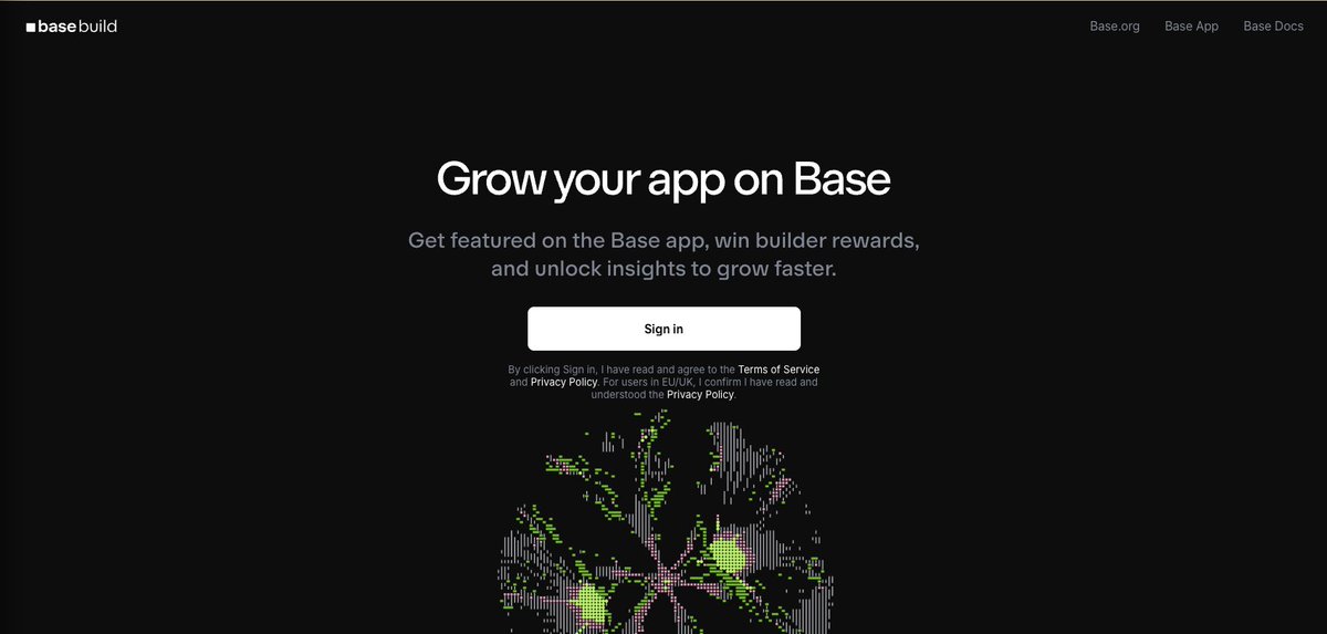 Base Build landing page with 'Grow your App on Base' headline and sign-in button