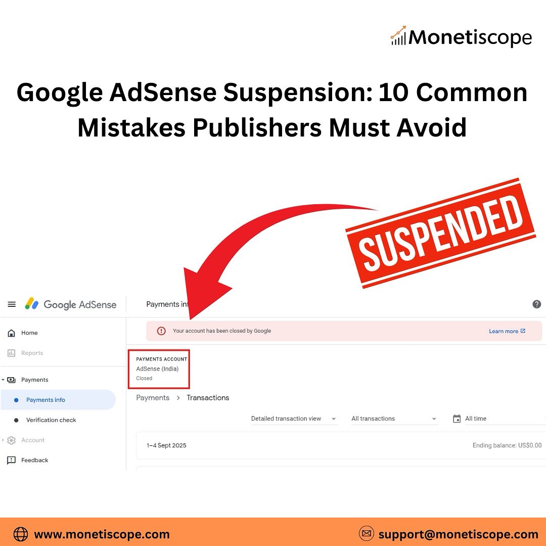 monetiscope's tweet image. 🚫 Got your Google AdSense suspended? Most publishers make the same avoidable mistakes.

Here are the 10 common mistakes to avoid &amp;amp; keep your account safe 

👉 Read here: monetiscope.com/google-adsense…

#GoogleAdSense #AdSenseSuspension #AdSenseTips #AdSenseMistakes #Monetiscope