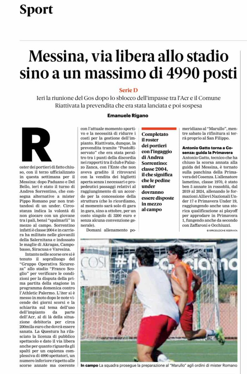 Ufficiale l'ingaggio del portiere 2004 Sorrentino. Urge al più presto l'arrivo di under (in rosa presenti solo tre 2006): obbligatoria la presenza in campo di un 2005, un 2006 e un 2007.Gara di domenica si svolgerà a porte aperte al "San Filippo" con capienza ridotta a 4990 posti