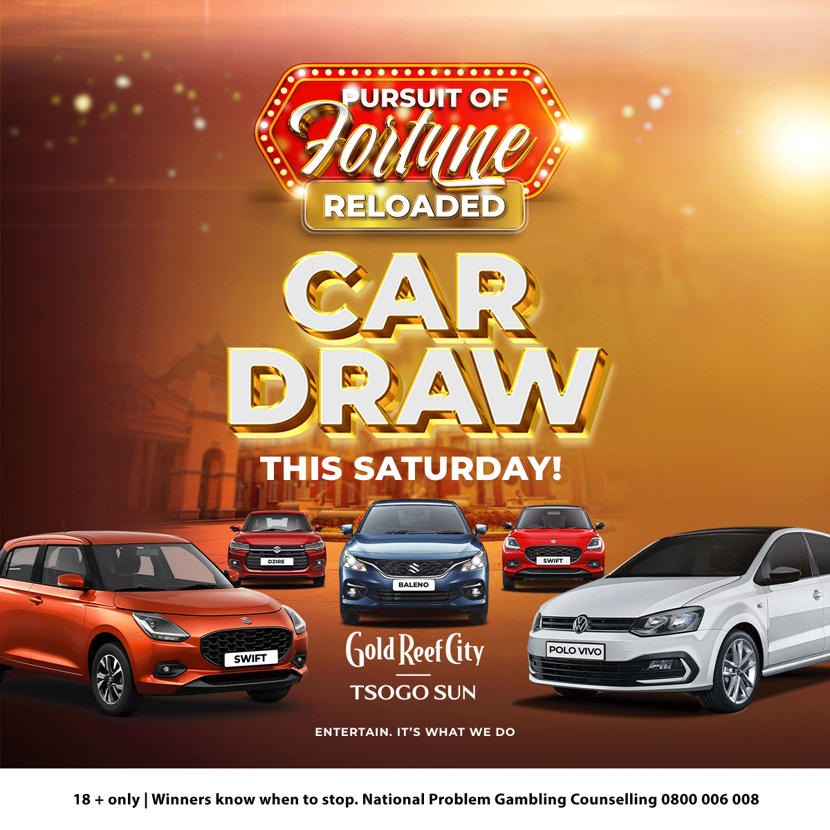 18+ | Car draw this Saturday, 06 September! 
One lucky winner stands a chance to drive away in a brand-new car! 🚗💨
⏰ Draws at 3PM | 7PM | 9PM
🎰 Play your favourite slots or tables with your Rewards Card to earn tickets.
Don’t just dream it – get in it to WIN it! This Saturday
