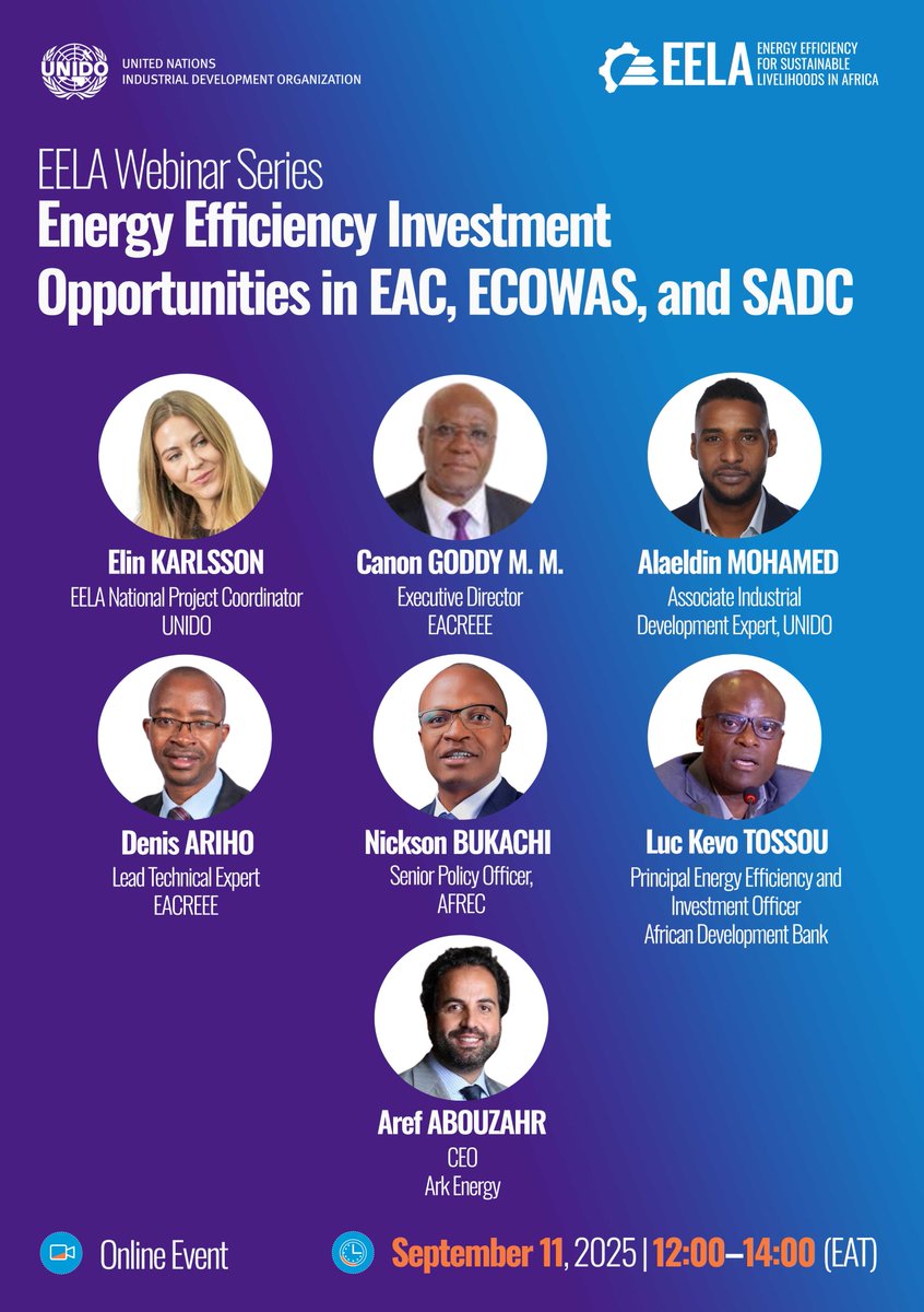 Meet our lineup of speakers for 2nd webinar under #EELAProgram. Session will feature insights on #energyefficiency opportunities &amp; investment potential across #EAC, #ECOWAS, #SADC &amp; successful ESCO models

Register: bit.ly/4119fFF
<a href="/AU_AFREC/">African Energy Commission of the African Union</a> <a href="/UNIDO/">UNIDO</a> <a href="/AfDB_Group/">African Development Bank Group</a>