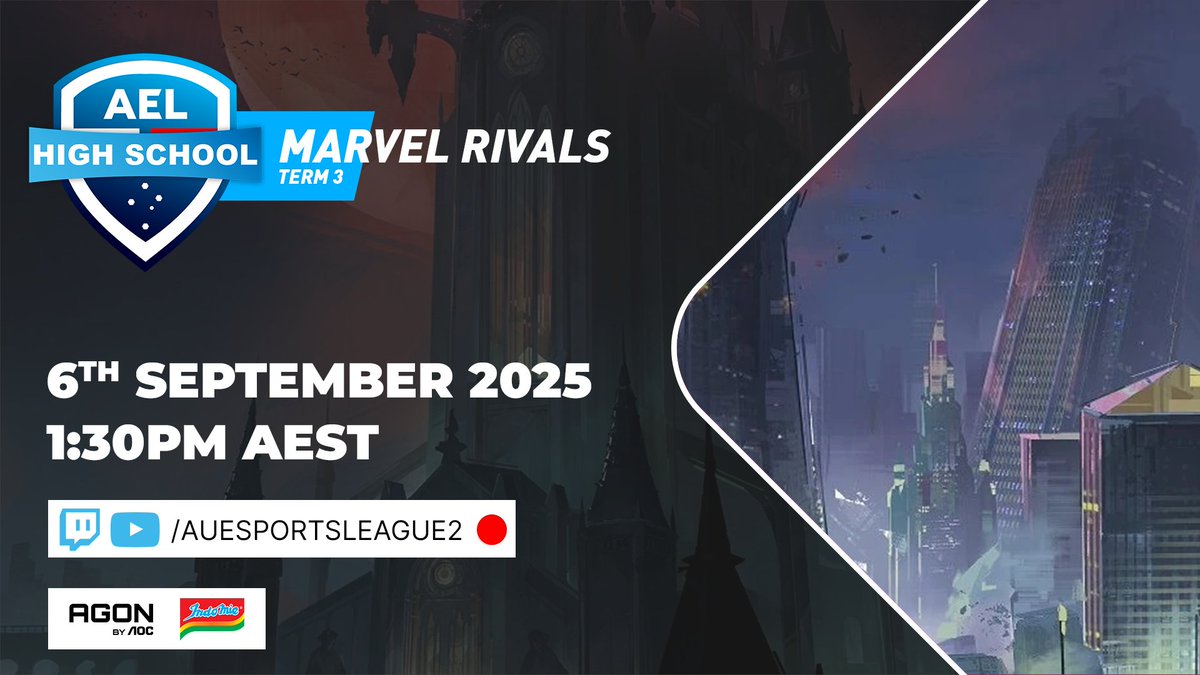Australian Esports League (@auesportsleague) on Twitter photo Join <a href="/formalcasting/">max vonneumann</a> and <a href="/TwoTapTony/">Tony</a> as they bring us the Divisional Playoffs for Marvel Rivals in the AEL High Schools Competition!
Live from 1:30PM AEST on twitch.tv/auesportsleagu…
The AEL is proudly sponsored by <a href="/AGONbyAOC/">AGON by AOC</a> & <a href="/Indomielovers/">Indomie</a> Join <a href="/formalcasting/">max vonneumann</a> and <a href="/TwoTapTony/">Tony</a> as they bring us the Divisional Playoffs for Marvel Rivals in the AEL High Schools Competition!
Live from 1:30PM AEST on twitch.tv/auesportsleagu…
The AEL is proudly sponsored by <a href="/AGONbyAOC/">AGON by AOC</a> & <a href="/Indomielovers/">Indomie</a>
