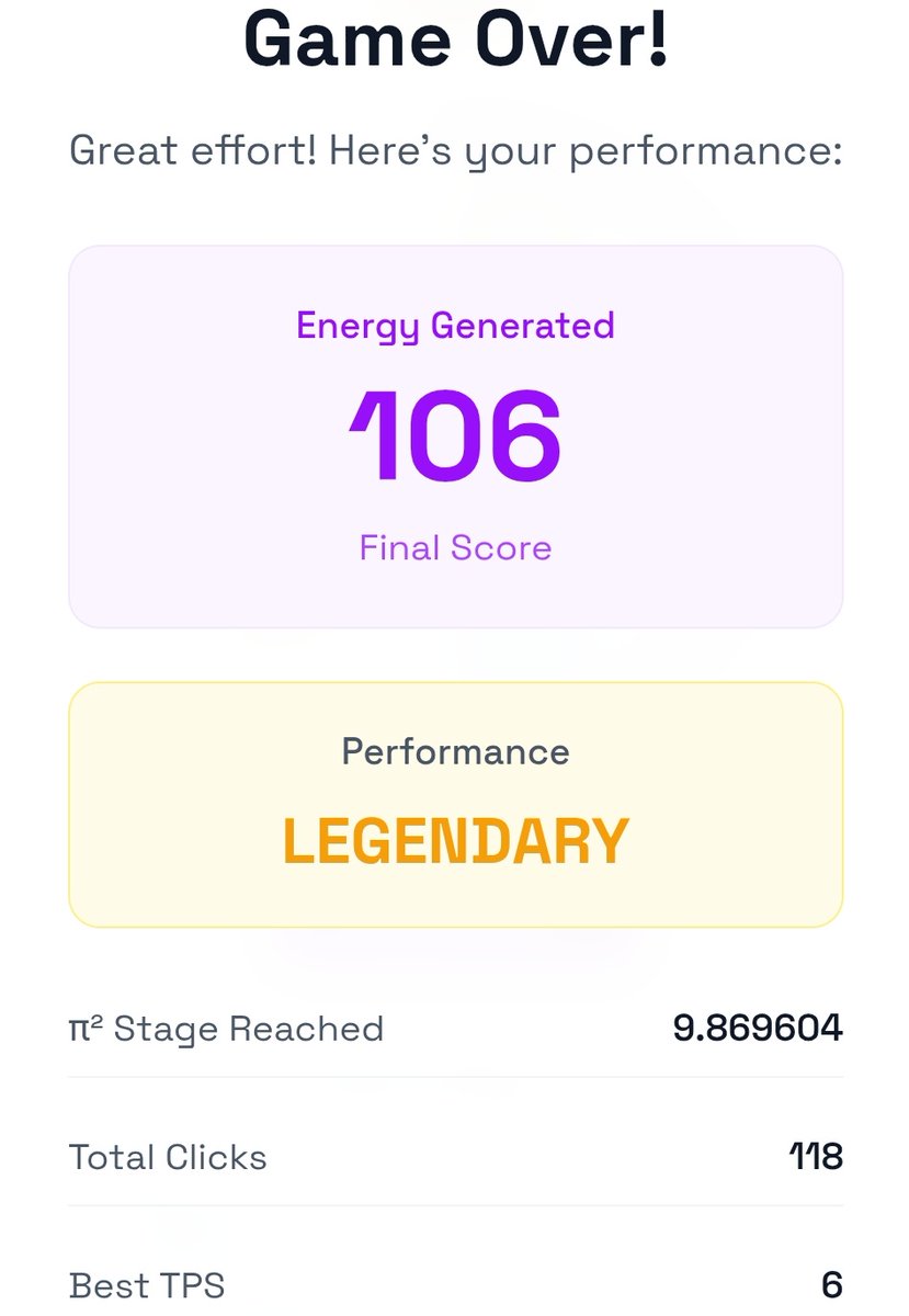 HackINet | | 𝔽rAI | π² (@harshbansal_179) on Twitter photo 🚀 Just hit a Legendary Performance on the Pi² Reactor Game! ⚡️
Final Score: 106 | Stage: 9.86 | Best TPS: 6 🔥
Loving the challenge & energy boost 💜
#PiSquared #ReactorGame
<a href="/Pi_Squared_Pi2/">Pi Squared</a> 🚀 Just hit a Legendary Performance on the Pi² Reactor Game! ⚡️
Final Score: 106 | Stage: 9.86 | Best TPS: 6 🔥
Loving the challenge & energy boost 💜
#PiSquared #ReactorGame
<a href="/Pi_Squared_Pi2/">Pi Squared</a>
