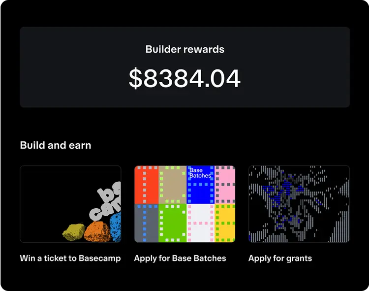 Base Build builder rewards dashboard showing $83,384.04 available, with options to win Basecamp ticket, apply for Base Batches, and grants