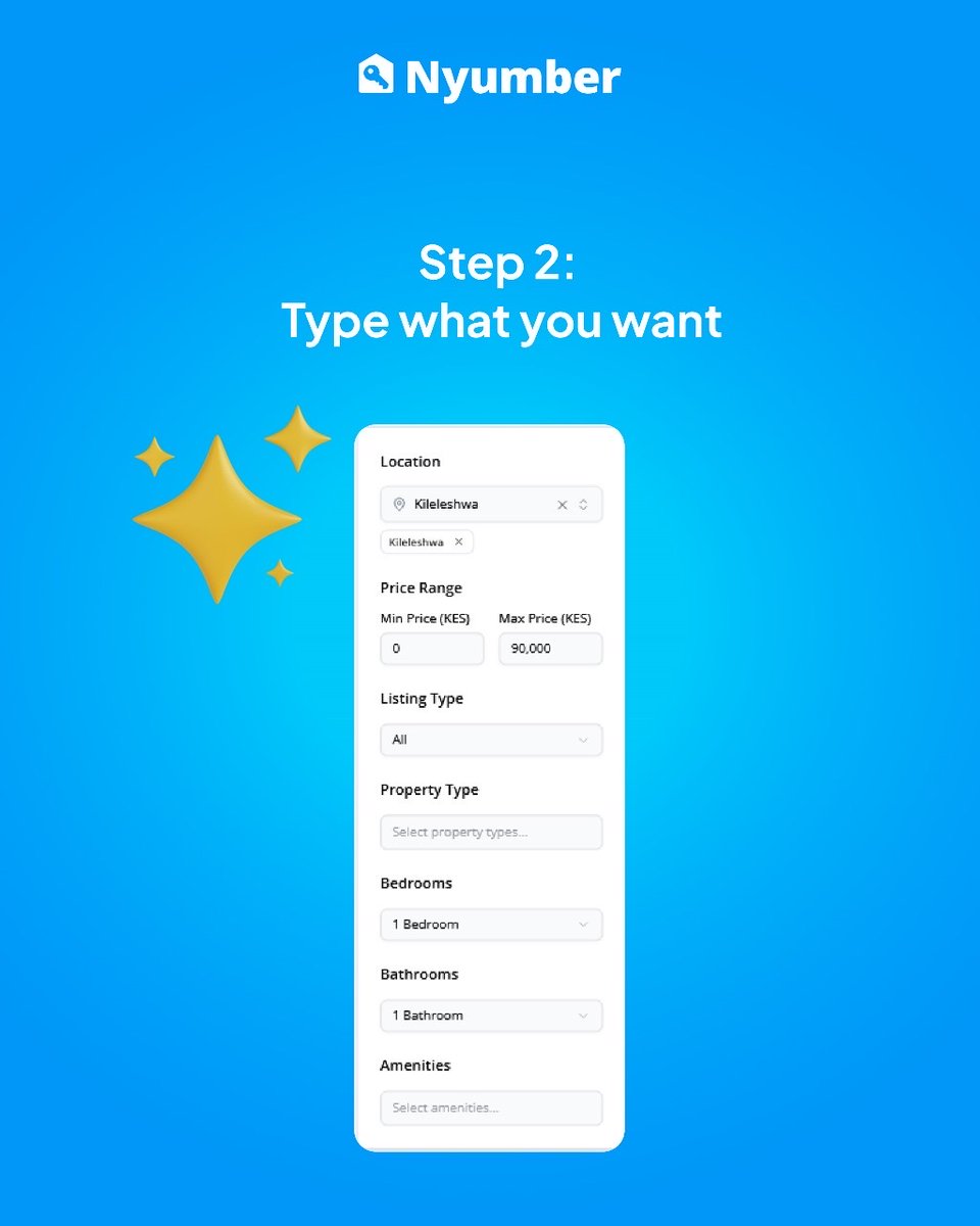 nyumber_'s tweet photo. Tired of scrolling through endless listings? 🤯 With Nyumber’s new AI Search, just tell us what you’re looking for (‘2-bedroom in Kileleshwa under 90K’) and we’ll find it for you in seconds 🚀. House hunting made EASY!

Check out our website for your next home. - https://t.co/SAmxCOsguH

#HouseHunting #NairobiApartments #FindAHome #KenyaHomes #AISearch