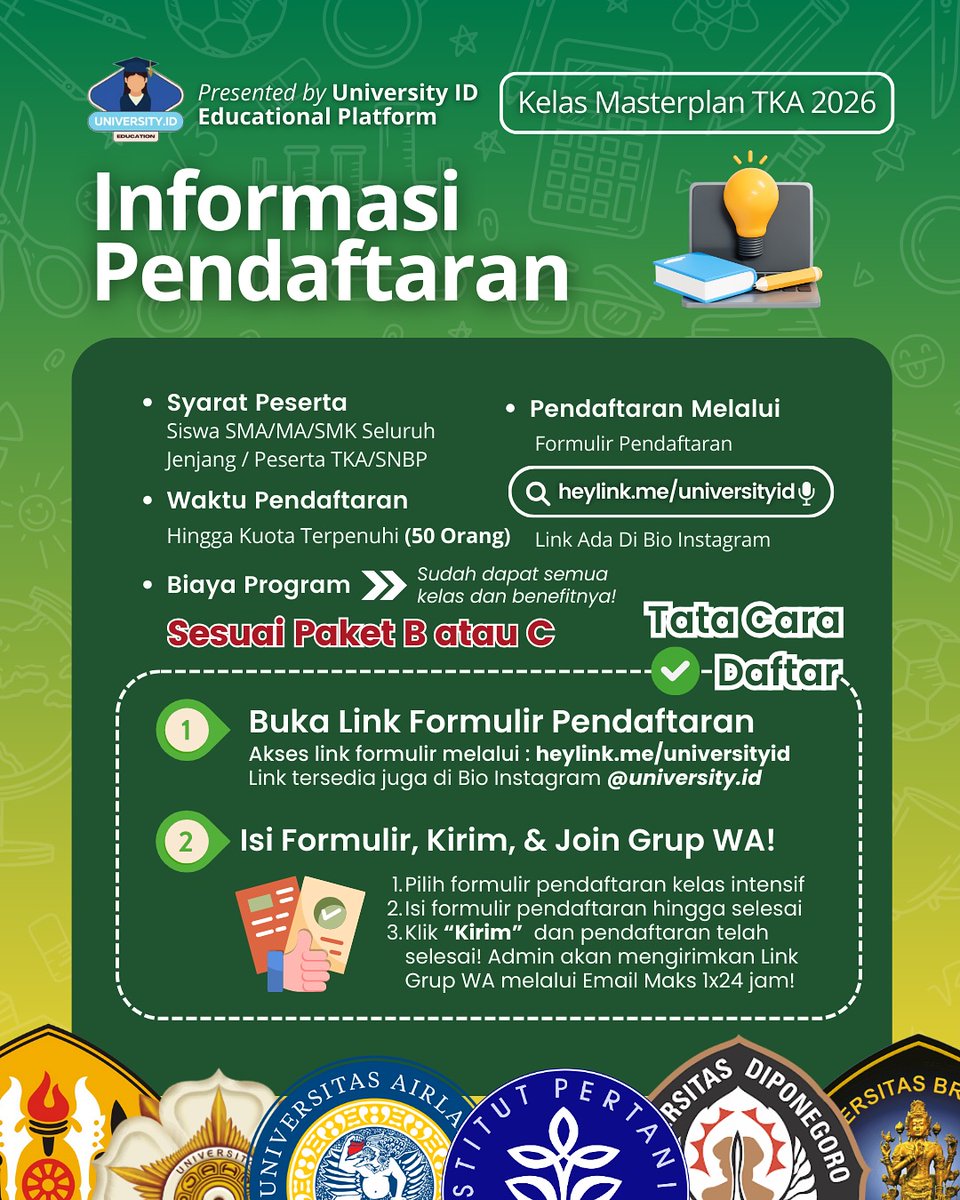 sarrkhai's tweet photo. buat pejuang ptn 2026 yang ikut TKA, University ID lagi open bimbel TKA nih! Langsung aja yuk cek instagram @university.id atau langsung daftar di https://t.co/hwHsMU0OQF https://t.co/O2dAVakaMW