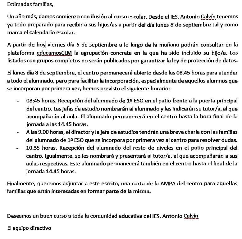 Comienzo de curso escolar 2025-2026 en el CALVIN.