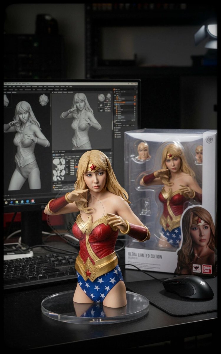 lightnight2012's tweet image. @tohrusakata @giga_una7 @giga_web @heroinetokusats @ZENRAMANIAC 
もうすぐGiga社の30周年ですね！ファンとしてお祝いの気持ちを込めて、私たちのクラシックな金髪のワンダーレディの写真をシェアします。彼女の際立った美貌と、スーパーヒロインのような力強い眼差しが印象的です。

oringally…