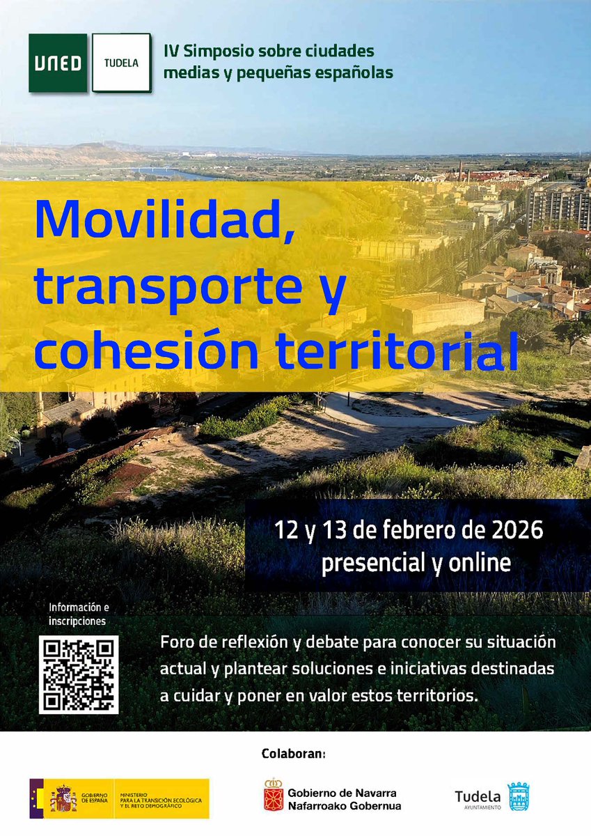 12 y 13 de febrero de 2026, "IV Simposio sobre ciudades medias y pequeñas españolas" de <a href="/unedtudela/">UNED Tudela</a>, dedicado a "Movilidad, transporte y cohesión territorial". <a href="/geounedtudela/">Geografía UNED Tudela</a> <a href="/DiariodelBrujo/">El Brujo</a> 

multiweb.uned.es/w46197/inicio