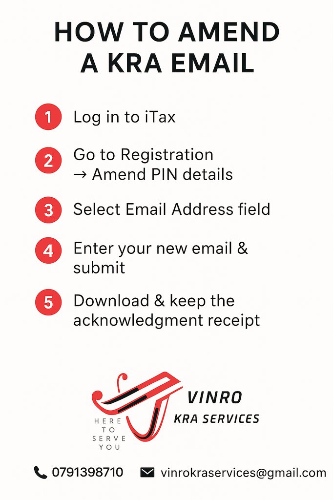 🚨 Need to update your KRA email?
Here’s a quick step-by-step guide:
1️⃣ Log in to iTax
2️⃣ Go to Registration → Amend PIN details
3️⃣ Select Email Address field
4️⃣ Enter your new email &amp; submit
5️⃣ Download &amp; keep the acknowledgment receipt ✅

#VinroKraServices #KRA #TaxTips