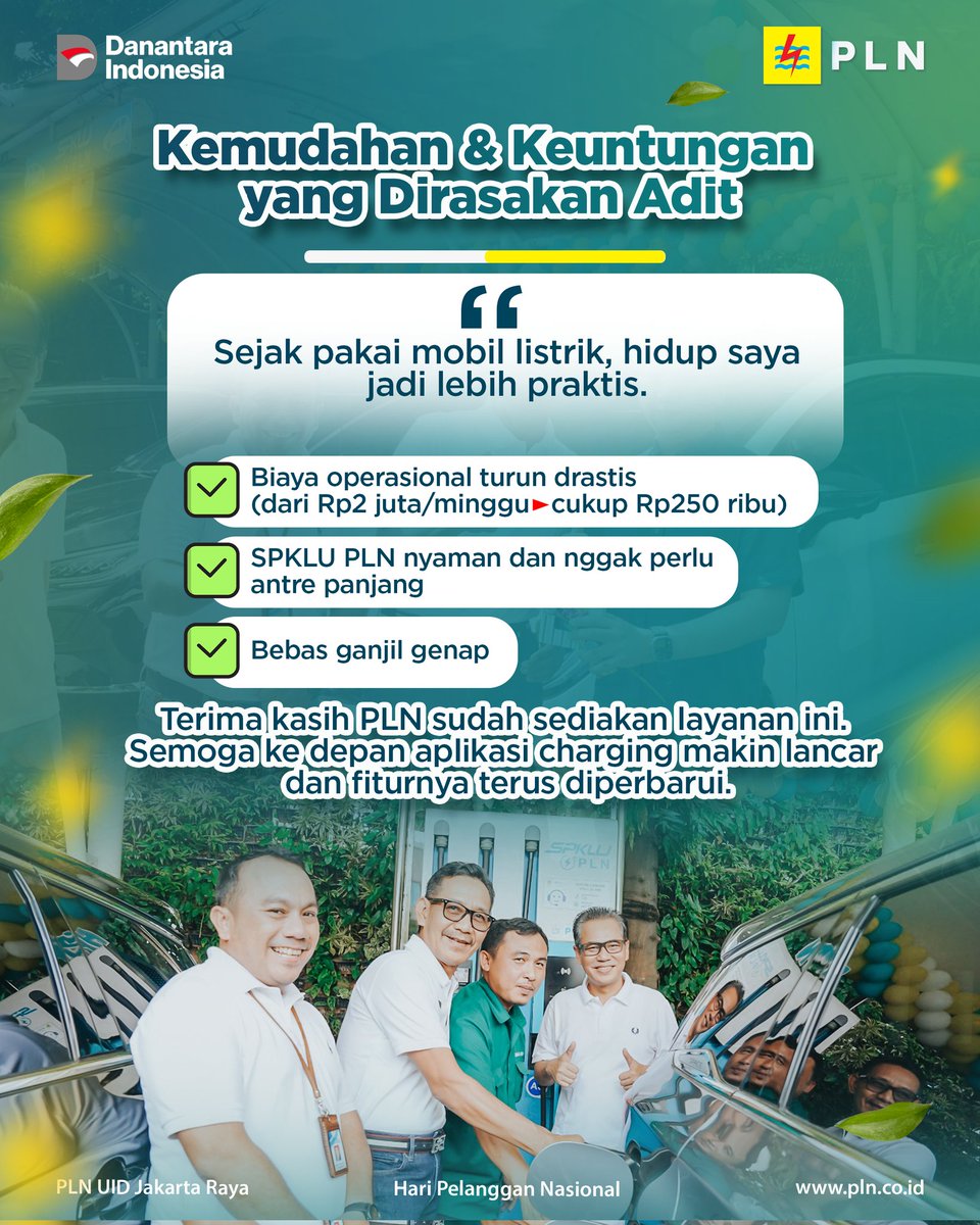 SahabatPLNJkt's tweet image. Di momen Hari Pelanggan Nasional, Adit, pengguna mobil listrik, rasakan manfaat nyata SPKLU PLN mulai dari hemat biaya, bebas ganjil genap, &amp;amp; nyaman tanpa antre.

#PLNDisjaya #HariPelangganNasional #SPKLU #TransisiEnergi