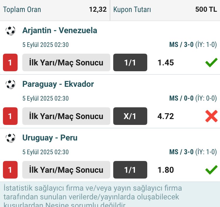 5 Eylül 02:30 gece maçları ‼️

Ulan 1 gol atsan tertemiz içerde İY / MS olarak en basit yönü bile gelmiyor kafayı yersin ya 

( bu Paraguay’a 1 cümle söyle 😂)