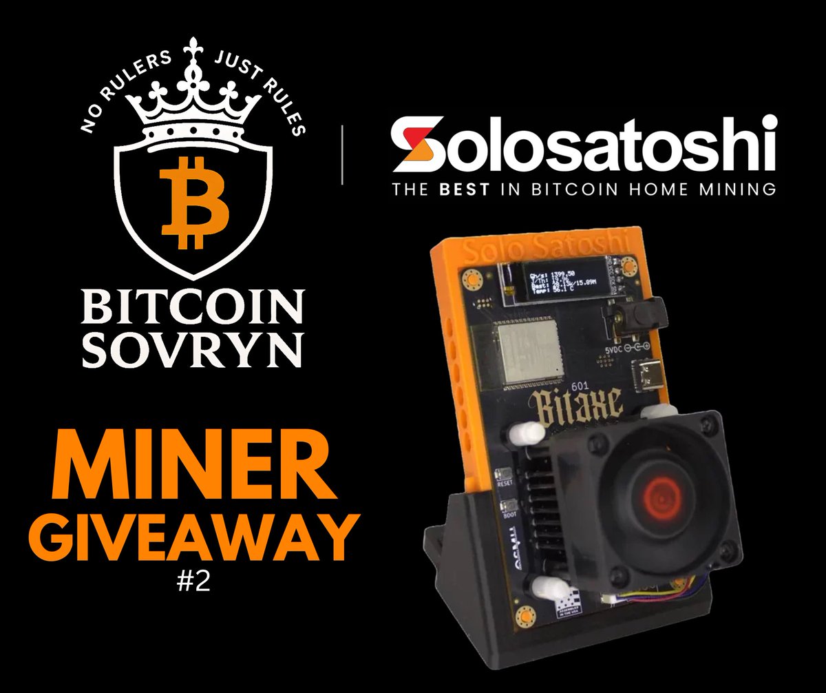 Bitcoin Sovryn (@bitcoinsovryn) on Twitter photo 🚨Bitaxe Gamma Giveaway🚨
Bitcoin Sovryn is partnering again with the awesome SoloSatoshi.
One lucky winner will receive a Bitaxe Gamma Bitcoin Solo Miner.
Shipped free anywhere in the world.
How to enter:
1️⃣Follow <a href="/BitcoinSovryn/">Bitcoin Sovryn</a> & <a href="/SoloSatoshi/">Solosatoshi.com 🇺🇲</a>
2️⃣Like and Retweet this post 🚨Bitaxe Gamma Giveaway🚨
Bitcoin Sovryn is partnering again with the awesome SoloSatoshi.
One lucky winner will receive a Bitaxe Gamma Bitcoin Solo Miner.
Shipped free anywhere in the world.
How to enter:
1️⃣Follow <a href="/BitcoinSovryn/">Bitcoin Sovryn</a> & <a href="/SoloSatoshi/">Solosatoshi.com 🇺🇲</a>
2️⃣Like and Retweet this post