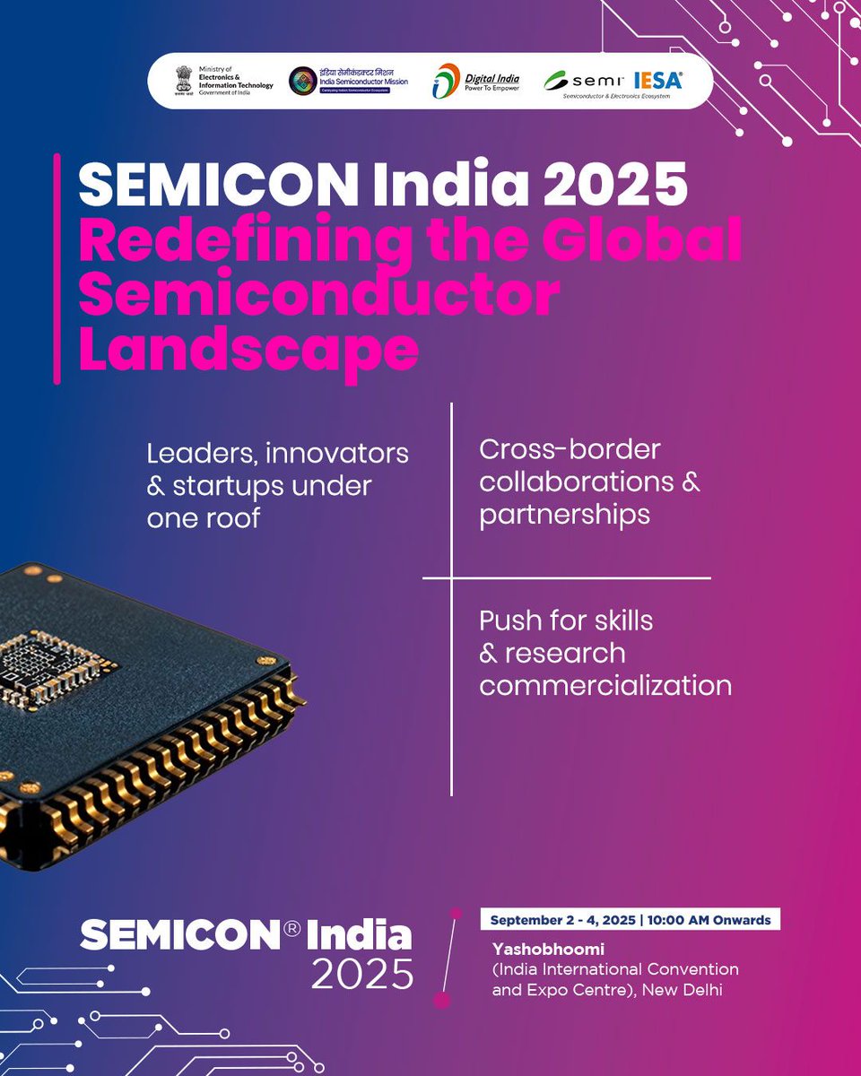GoI_MeitY's tweet image. From Bengaluru to Gandhinagar, Greater Noida to Delhi—every #SEMICONIndia has powered India’s chip journey forward. 2025 marked a turning point, boosting innovation &amp;amp; global partnerships. 🇮🇳✨ 

#IndiaTechade  #DigitalIndia #MakeInIndia