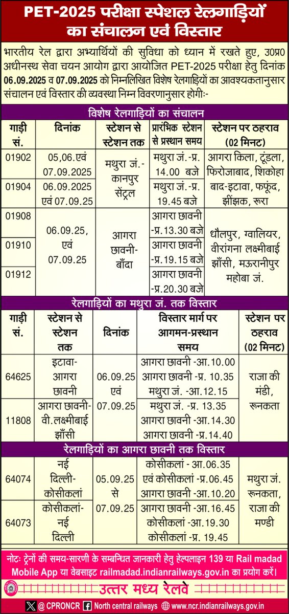 भारतीय रेल द्वारा अभ्यर्थियों की सुविधा को ध्यान में रखते हुए उत्तर प्रदेश अधीनस्थ सेवा चयन आयोग द्वारा आयोजित pet-2025 परीक्षा हेतु दिनांक 06.09.2025 व 07.09.2025 को निम्नलिखित विशेष रेलगाड़ियां का आवश्यकतानुसार संचालन एवं विस्तार की व्यवस्था निम्न विवरणनुसारकी गई है 

#PETExam