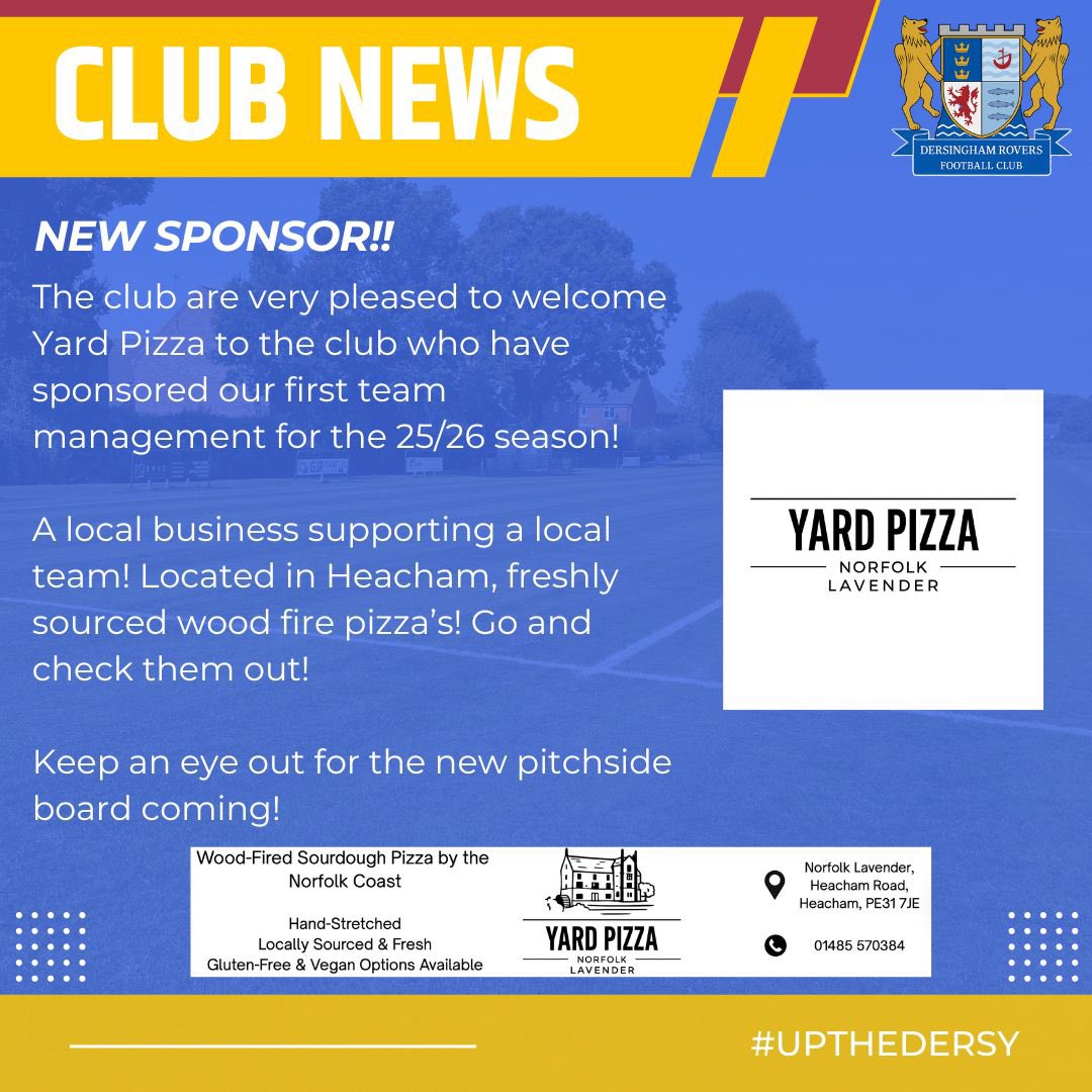Sponsor News!! 🤩

A huge thank you to NEW sponsor Yard Pizza Heacham who have sponsored our management team for the 25/26 season! 

Go and check them out for fresh, wood fired pizza! 🍕🍕

💙💛🖤