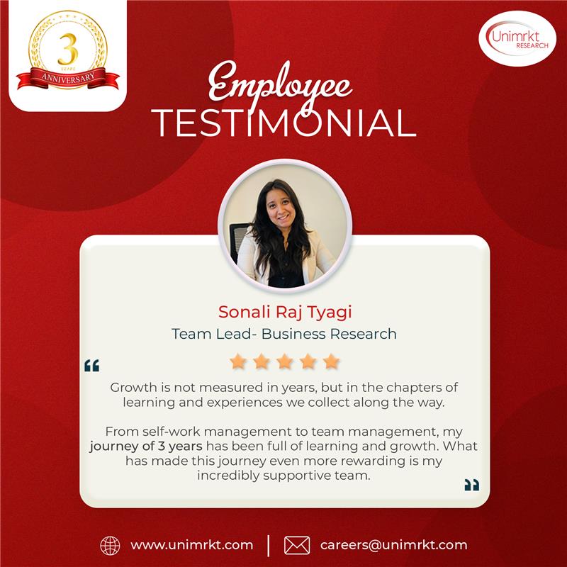 🎉 Congratulations on your 3-year anniversary, Sonali Raj Tyagi.
 
🌟 Interested in pursuing a career at Unimrkt? Head over to the careers page on our website to explore our current openings lnkd.in/gGSKxdi.
 
#UnimrktResearch #Journey #Testimonial #EmployeeAppreciation