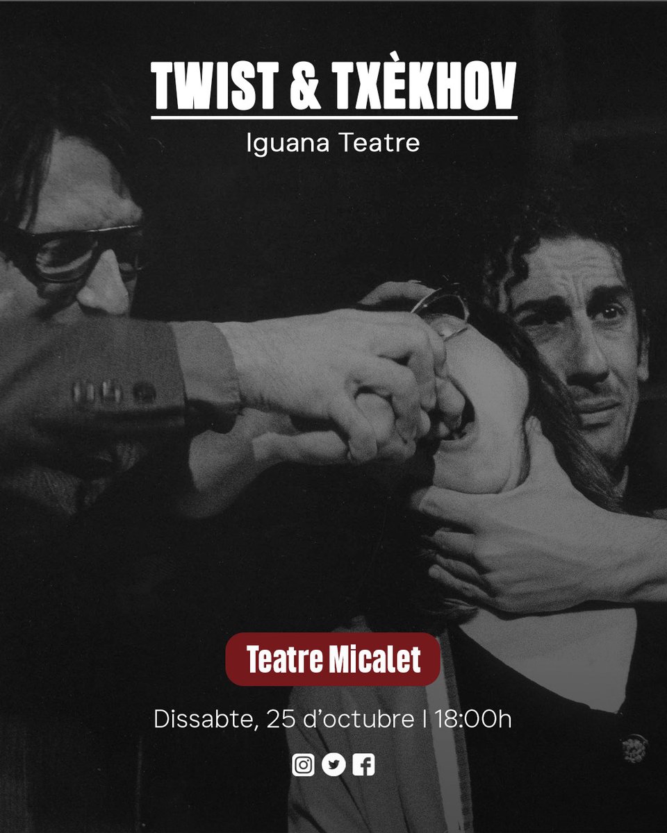 🎭 TWIST &amp; TXÈKHOV d’ <a href="/IguanaTeatre/">IGUANA TEATRE</a>

Aquesta obra recull nou contes adaptats de #Txèkhov que ofereixen una galeria rica de personatges, situacions i atmosferes per crear un joc actoral dinàmic. 
No us ho perdeu!🤗

📍 <a href="/TeatreMicalet/">Teatre Micalet</a> 
📆 24 d’octubre
📆 25 d’octubre

#xarxaalcover