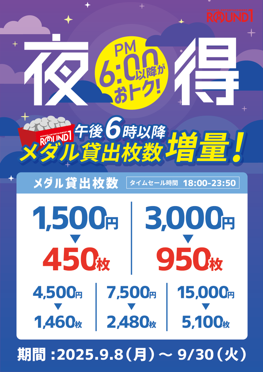 RT @Round1_official: ／ ☆ラウンドワンアミューズメント 夜得キャンペーン予告‼️ ＼  9月8日(月)から期間限定📣メダル貸出枚数を増量💹 ラウンドワンのメダルコーナーは18時以降のご利用がお得！ 夜はラウンドワン のメダルコーナーでお得に遊ばNIGHT…