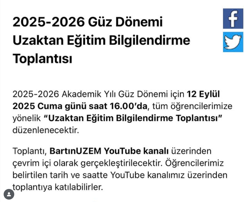 BartMyo's tweet photo. ⚠️2025-2026 Akademik Yılı Güz Dönemi için 12 Eylül 2025 Cuma günü saat 16.00’da, tüm öğrencilerimize yönelik “Uzaktan Eğitim Bilgilendirme Toplantısı”düzenlenecektir.📣📣

Toplantıya katılmak için ⤵️
🔗https://t.co/7k1U1a1Qs5… https://t.co/f2bEgTty4V