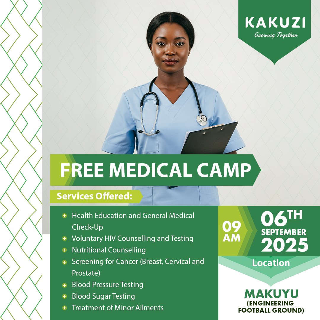 HAPPENING TOMORROW!

Kakuzi PLC would like to invite you to our FREE Medical Camp being held in partnership with the Ministry of Health at Makuyu (Engineering Football Ground) from 9AM, Saturday 6th September 2025. 

Services to be offered include but not limited to Treatment of