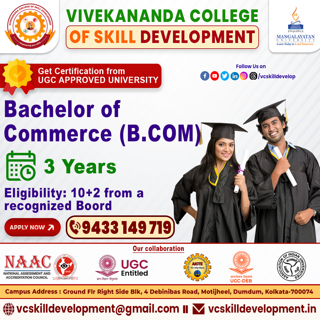 vcskilldevelop's tweet image. 📊✨ Admission Open – B.Com (Bachelor of Commerce) ✨📊
🎓 Pursue your degree through Online/Distance Mode and unlock endless career opportunities in Business, Finance & Commerce!
Why Choose Us?
✅ UGC-Recognized Curriculum
✅ Flexible Online/Distance Learning