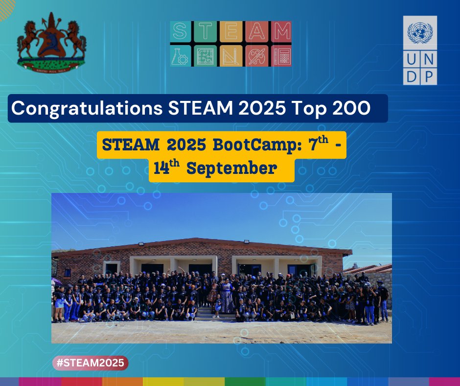 UNDPLesotho's tweet photo. Congratulations once again to our Top 200 Innovators!
Your ideas, passion, and commitment to change have earned you a well-deserved spot in this exciting journey.
We can't wait to welcome you to the upcoming bootcamp!!
#UNDPLesotho #STEAM2025 https://t.co/lAxqUM7REK