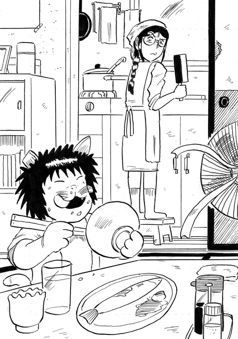 食事風景にメシを喰らうふてぶてしいニャンコ。
描いてて癒されます。 