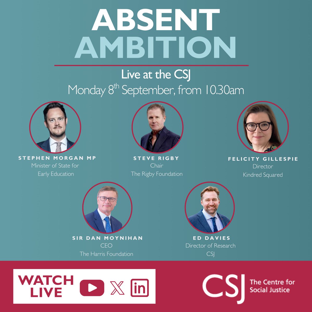 📺THIS MONDAY: Watch LIVE as the CSJ launches a landmark report on school absence, Absent Ambition📚

We’re pleased to be joined by Early Education Minister <a href="/StephenMorganMP/">Stephen Morgan MP</a> as we provide a new perspective on the school absence crisis🔍

Watch below from 10:30am on Monday👇
